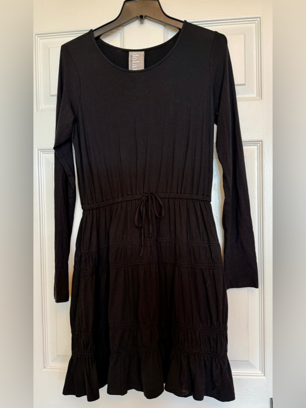 dolan Black Long-Sleeve Drawstring Waist Tiered Dress